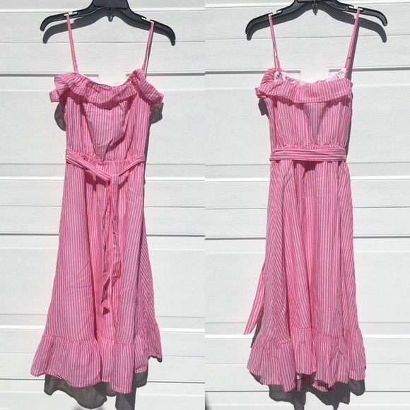 SEZANE Cassandra Dress Pink White Striped Midi - Picture 3 of 6